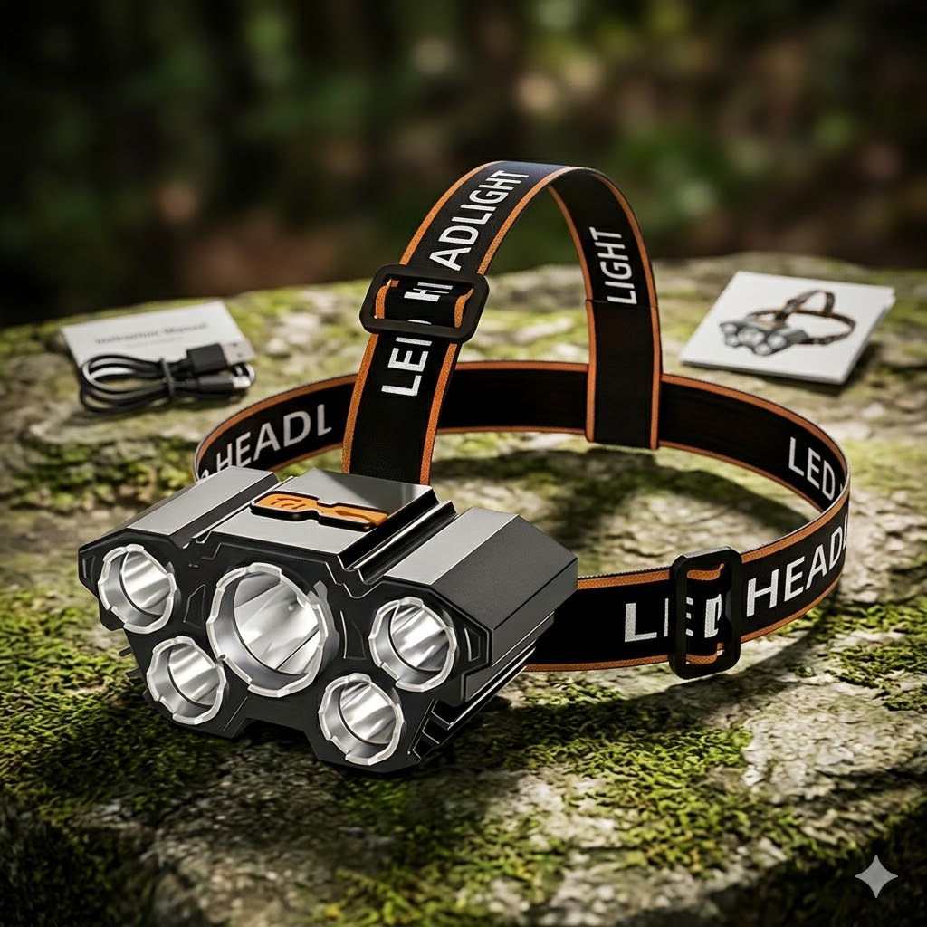 Apex 5-LED Rechargeable Super-Bright Headlamp – IPX4 Waterproof, 4 Light Modes, and Adjustable Comfort Strap for Camping, Hiking, Running, and Tactical Use – Includes USB Charging Cable